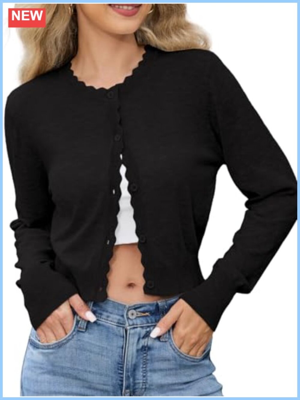 Scalloped Cropped Cardigan Long Sleeve Button Down Knit Bolero Shrug